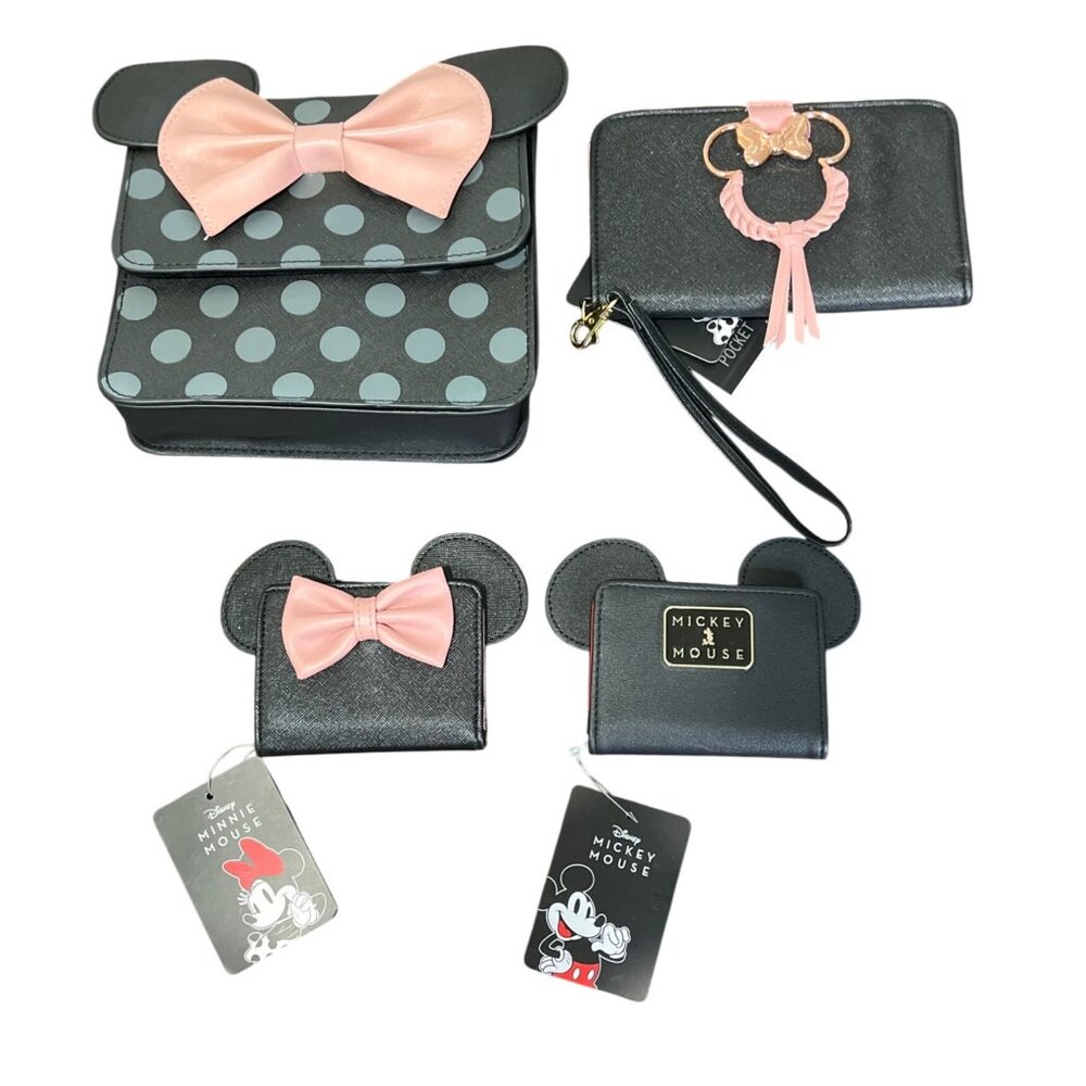 Disney Mickey & Minnie Mouse Polka Dot Crossbody Bag & 3 Wallet Bundle Gift Set - Picture 1 of 13